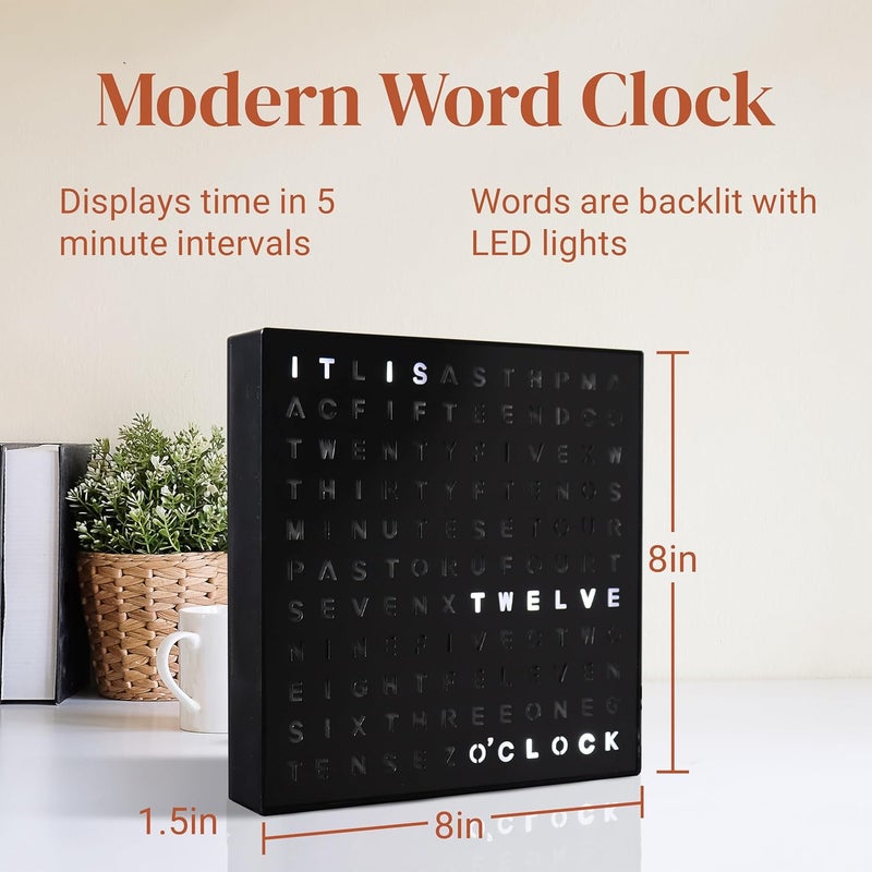 Stiles Word Clock, 8" by 8" Modern LED Desk Clock with USB Cable, Aluminum, Unique with Words, Contemporary, Living Room, Bedroom, Home, or Office Lightup Decor, Gift Item, Black - Image 4